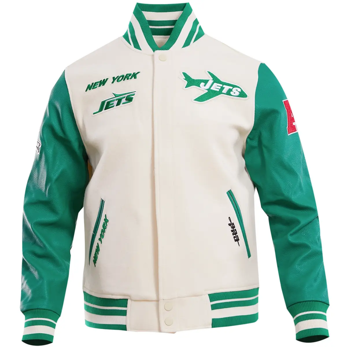 New York Jets Retro Classic Wool & Leather Varsity Jacket Cream & Green