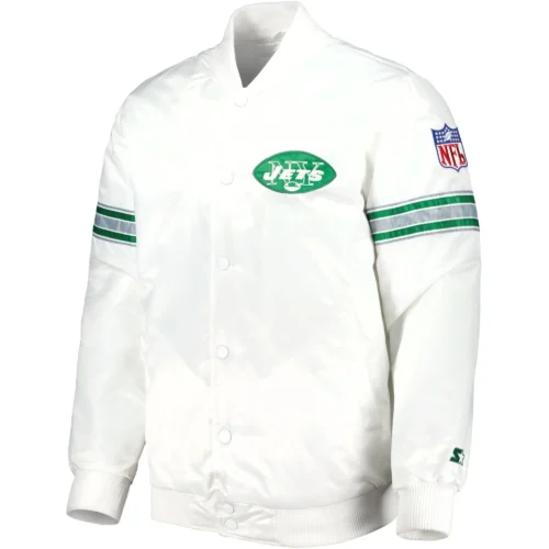 New York Jets Power Forward Full-Snap White Satin Varsity Jacket