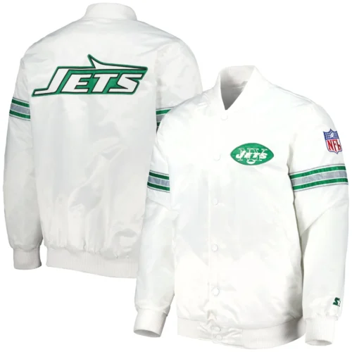 New York Jets Power Forward Full-Snap White Satin Varsity Jacket - Image 3
