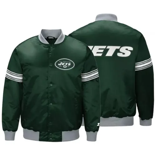 New York Jets Draft Pick Full-Snap Green Satin Varsity Jacket - Image 3