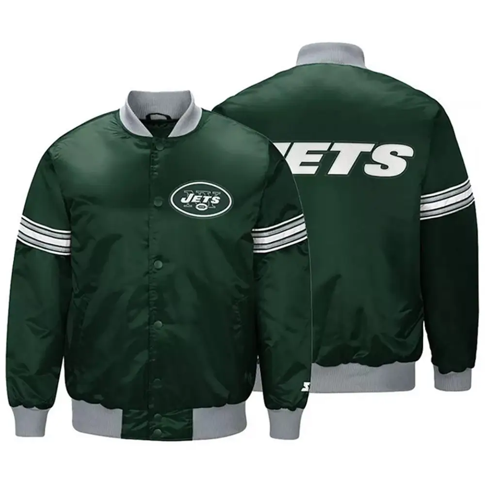 New York Jets Draft Pick Full-Snap Green Satin Varsity Jacket - Image 3