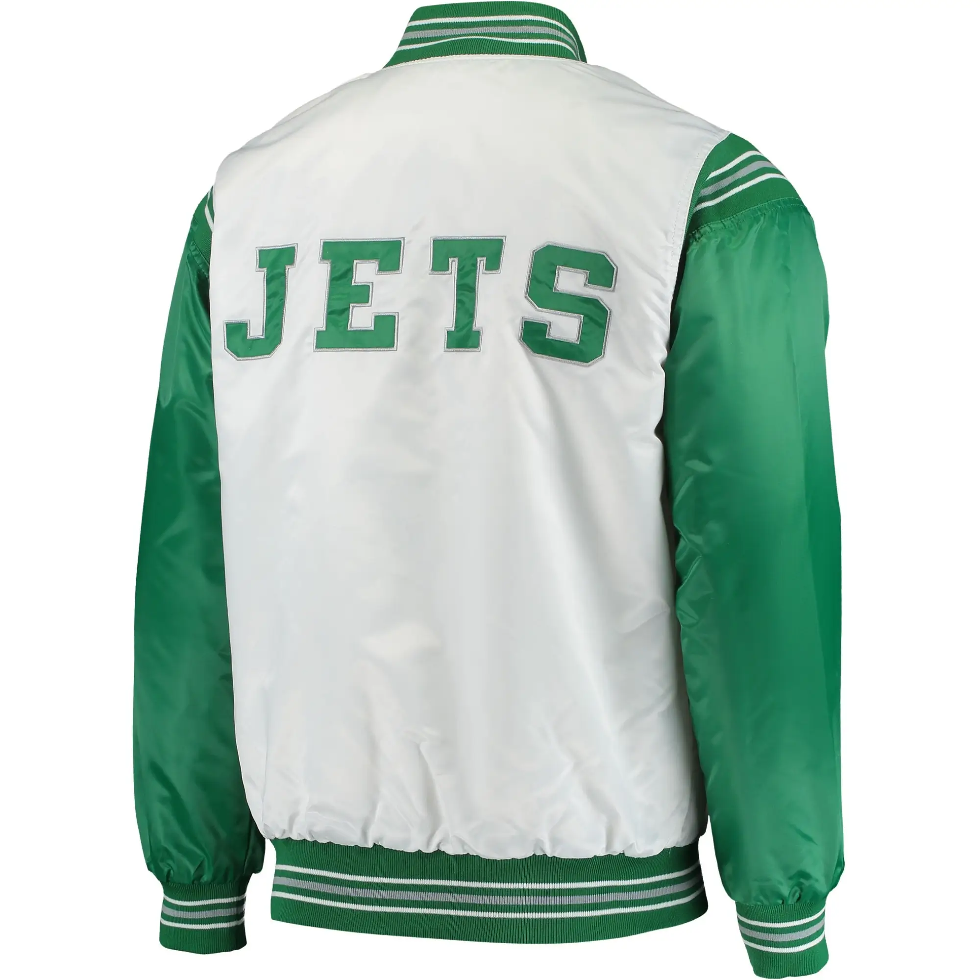 New York Jets The Enforcer White/GreenSatin Varsity Jacket - Image 2