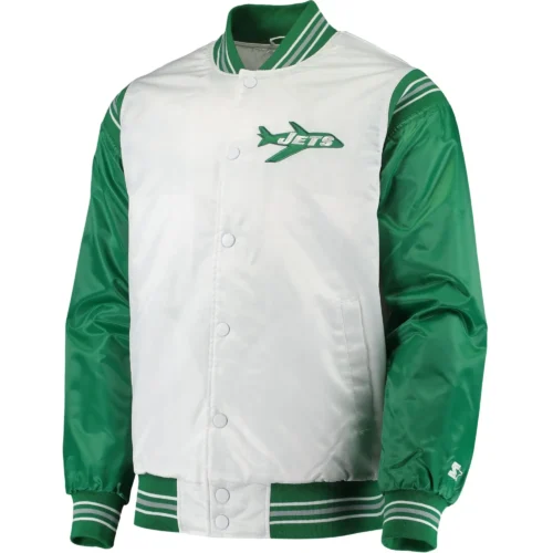 New York Jets The Enforcer White/GreenSatin Varsity Jacket