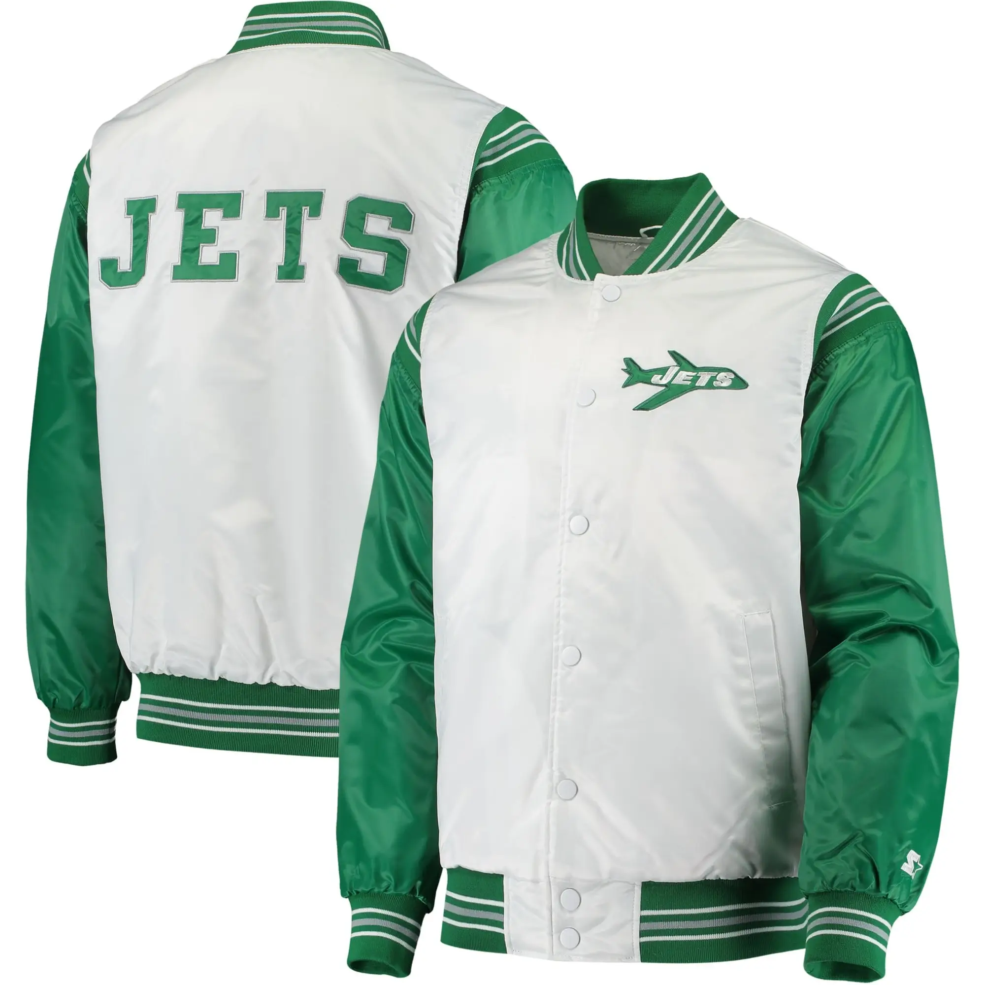 New York Jets The Enforcer White/GreenSatin Varsity Jacket - Image 3