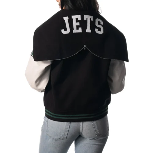 Alternative view of New York Jets The Wild Collective Sailor Full-Snap Hooded Black/White Wool & Leather Varsity Jacket
