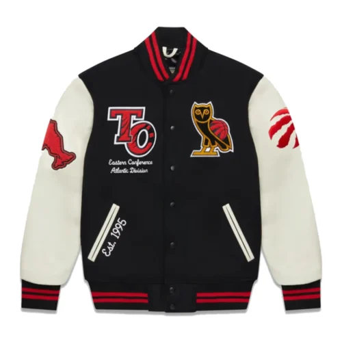 Toronto Raptors Full-Snap Black/Cream Wool & Leather Varsity Jacket