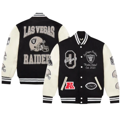 Las Vegas Raiders Full-Snap Black Wool & Leather Varsity Jacket - Image 6