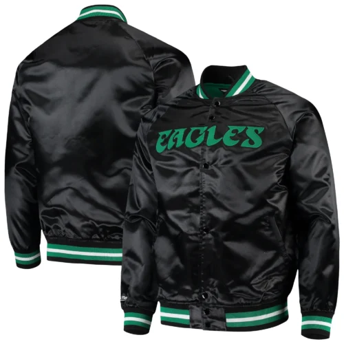 Philadelphia Eagles Full-Button Satin Black Varsity Jacket - Image 4