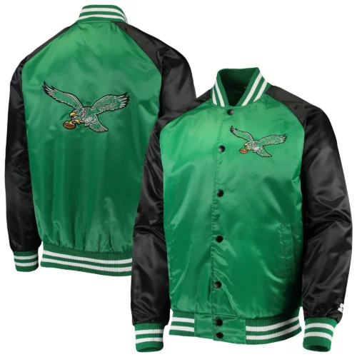 Philadelphia Eagles Lead Off Green & Black Satin Varsity Jacket - Image 4