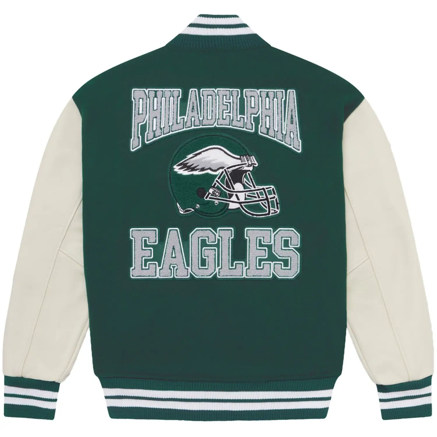 Philadelphia Eagles Full-Snap Green/White Wool & Leather Varsity Jacket - Image 2