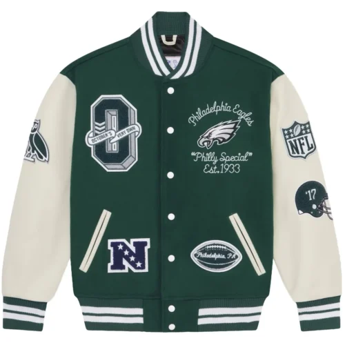 Philadelphia Eagles Full-Snap Green/White Wool & Leather Varsity Jacket