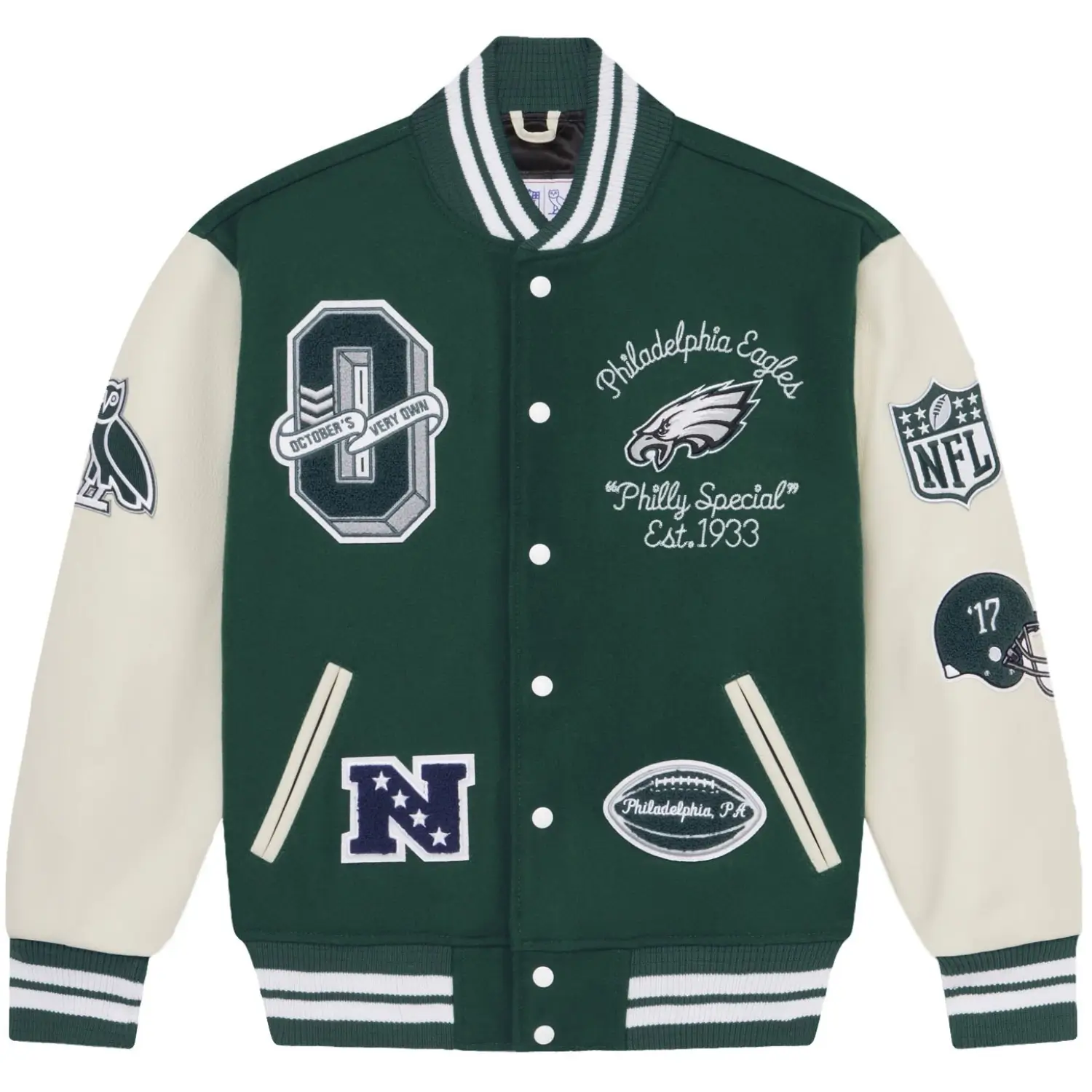 Philadelphia Eagles Full-Snap Green/White Wool & Leather Varsity Jacket