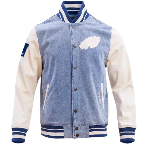 Philadelphia Eagles Blues Denim & Leather Varsity Jacket