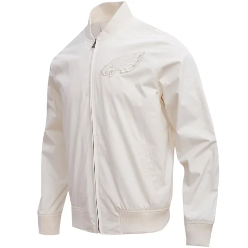Philadelphia Eagles Neutral Full-Zip Cream Satin Varsity White Jacket