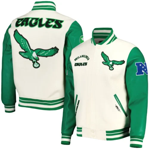 Philadelphia Eagles Retro Classic White/Green Wool & Leather Varsity Jacket - Image 3