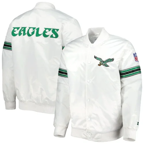 Philadelphia Eagles The Power Forward Full-Snap Satin Varsity White Jacket - Image 4
