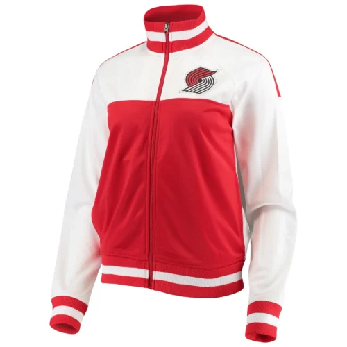 Women's Portland Trail Blazers Tip Off Rhinestone Tricot Satin Varsity Jacket