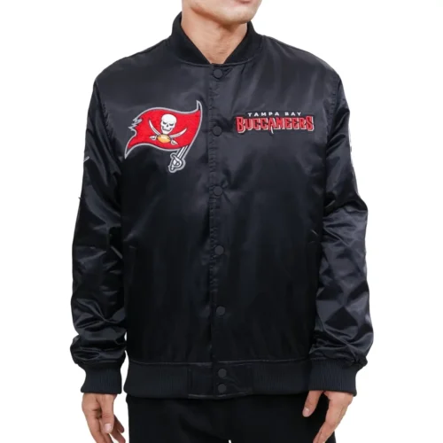 Tampa Bay Buccaneers Chest Hit Black Satin Varsity Jacket