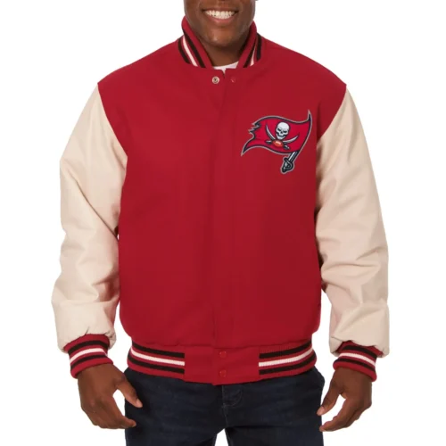 Tampa Bay Buccaneers Two Tone Red/Cream Wool & Leather Varsity Jacket