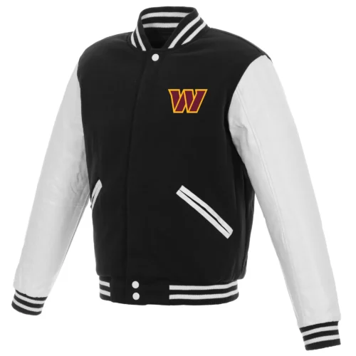Washington Commanders Two Tone Black/White Wool & Leather Varsity Jacket