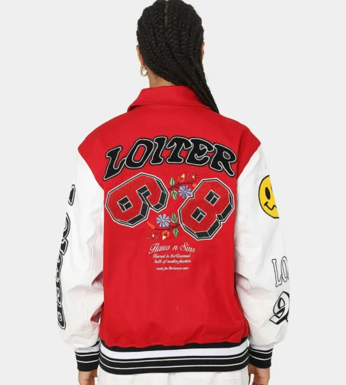 Alternative view of loiter Flaws Varsity Letterman Jacket Red & White