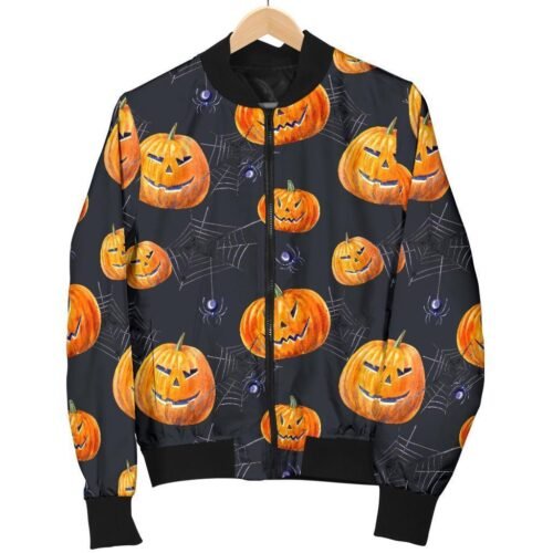 Halloween Pumpkin Print Bomber Black Jacket