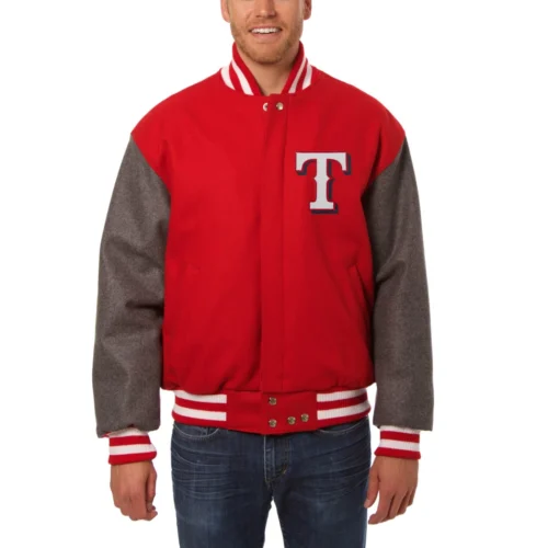 Texas Rangers Two Tone Red/Gray Wool Varsity Jacket