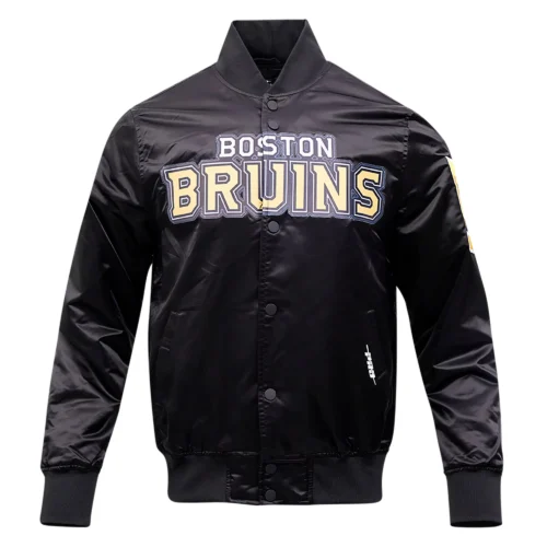 Boston Bruins Classic Rib Knitted Satin Varsity Jacket - Black