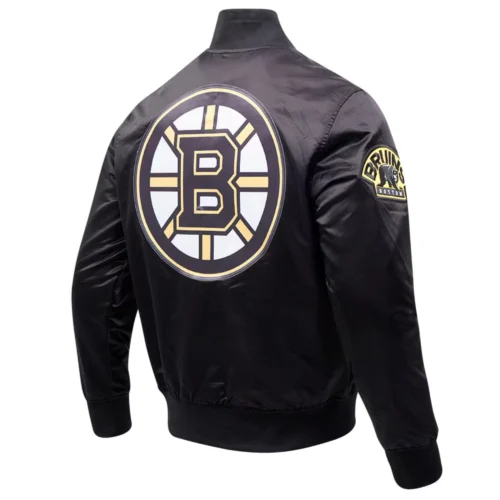 Boston Bruins Classic Rib Knitted Satin Varsity Jacket - Black - Image 3