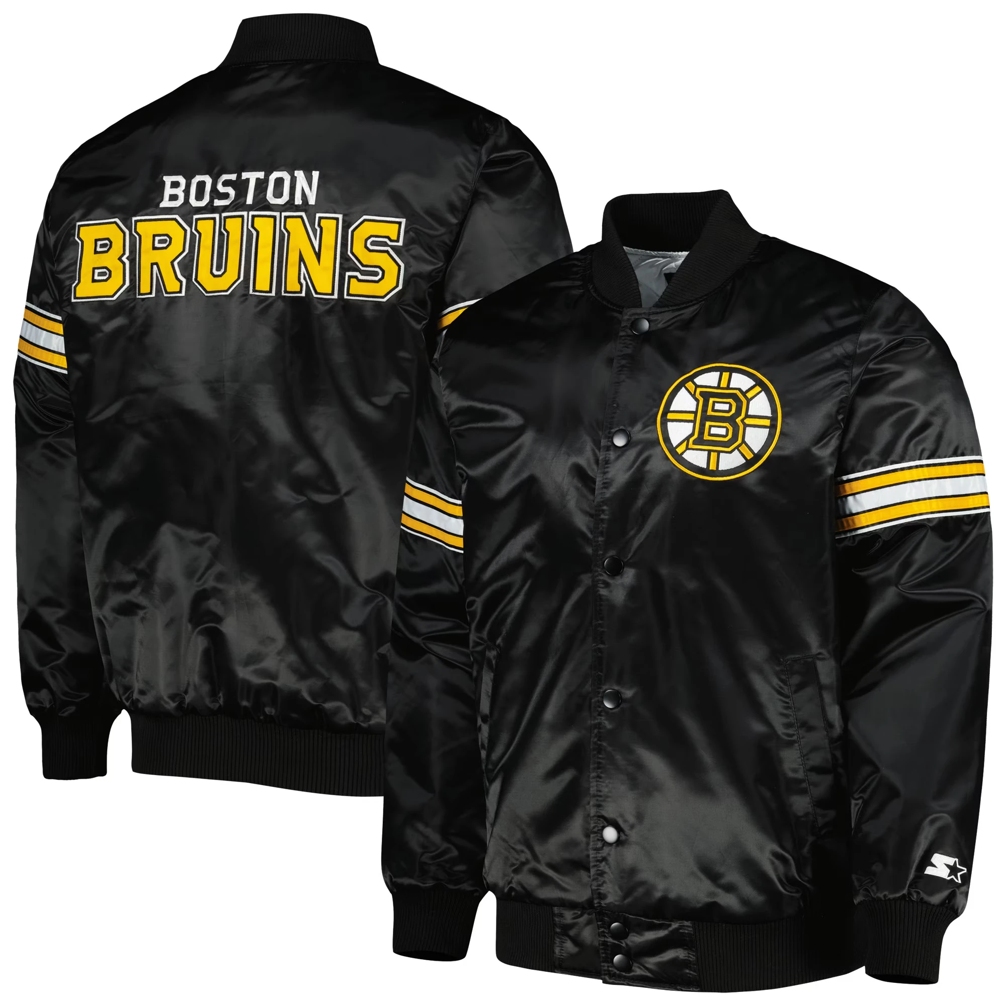 Boston Bruins Pick & Roll Black Satin Varsity Jacket - Image 4