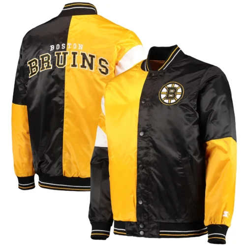 Boston Bruins The Leader Black/Yellow Satin Varsity Jacket - Image 4