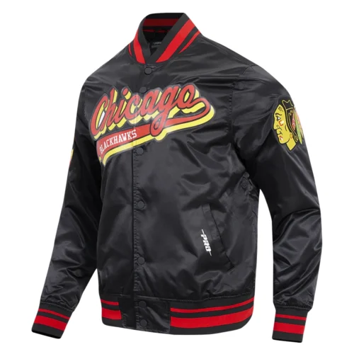 Chicago Blackhawks Script Tail Black Satin Varsity Jacket