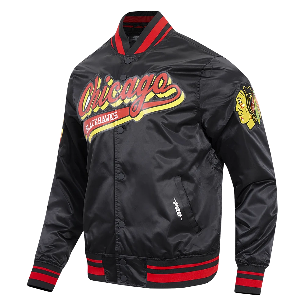 Chicago Blackhawks Script Tail Black Satin Varsity Jacket
