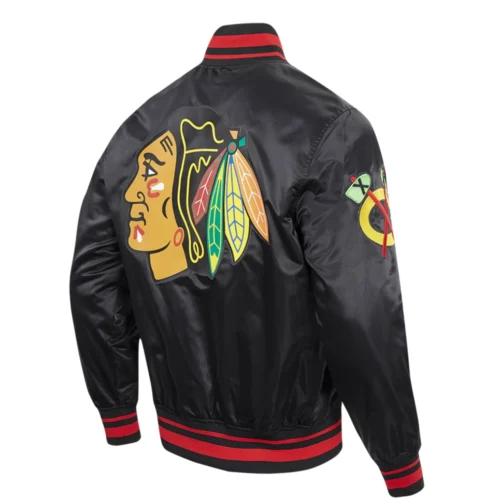 Alternative view of Chicago Blackhawks Script Tail Black Satin Varsity Jacket