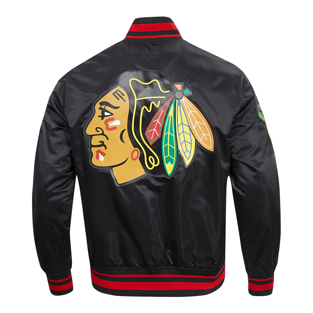 Chicago Blackhawks Script Tail Black Satin Varsity Jacket - Image 3