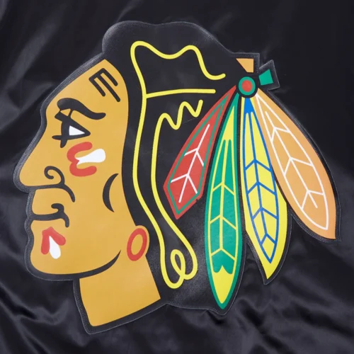 Chicago Blackhawks Script Tail Black Satin Varsity Jacket - Image 4