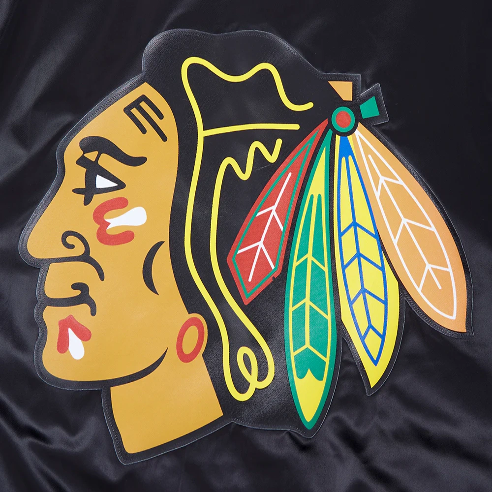 Chicago Blackhawks Script Tail Black Satin Varsity Jacket - Image 4