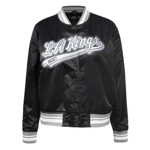 Los Angeles Kings Script Tail Women's Black Satin Varsity Jacket