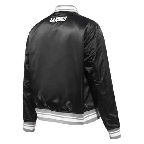 Los Angeles Kings Script Tail Women's Black Satin Varsity Jacket - Image 3