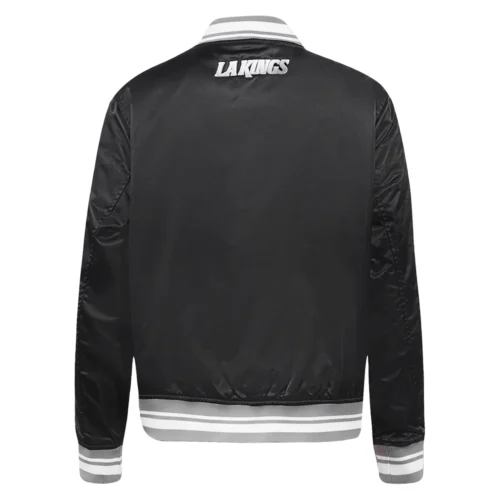 Los Angeles Kings Script Tail Women's Black Satin Varsity Jacket - Image 4