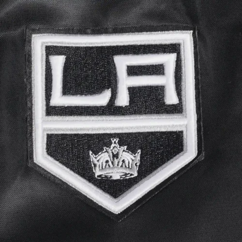 Los Angeles Kings Script Tail Women's Black Satin Varsity Jacket - Image 5