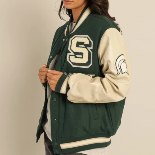 Michigan State Spartans Women's Letterman Wool & Leather Varsity Jacket - Image 3