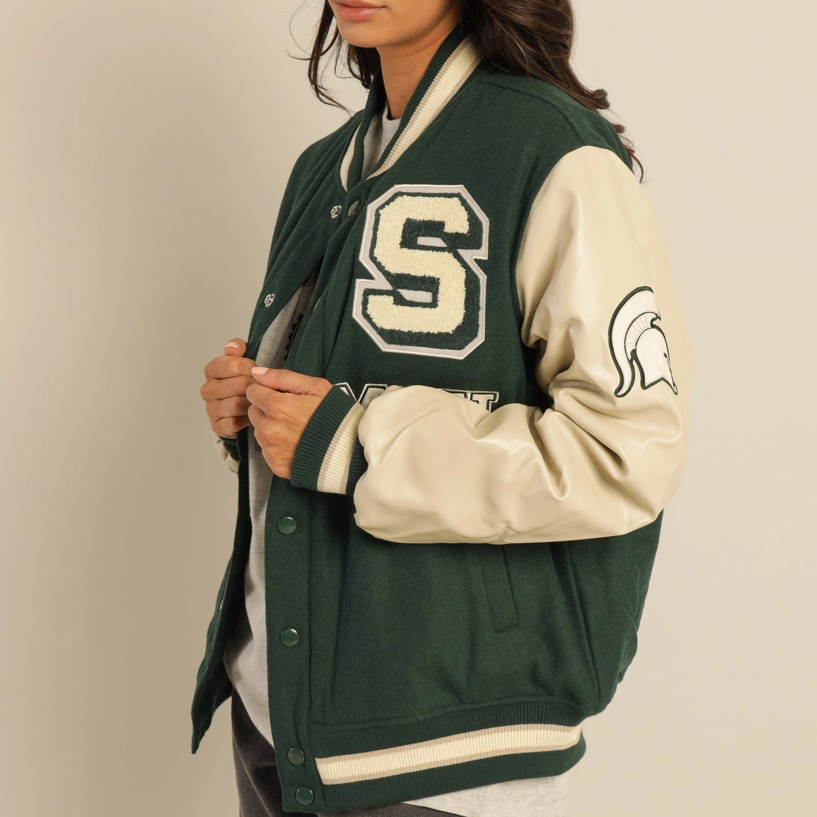 Michigan State Spartans Women's Letterman Wool & Leather Varsity Jacket - Image 3