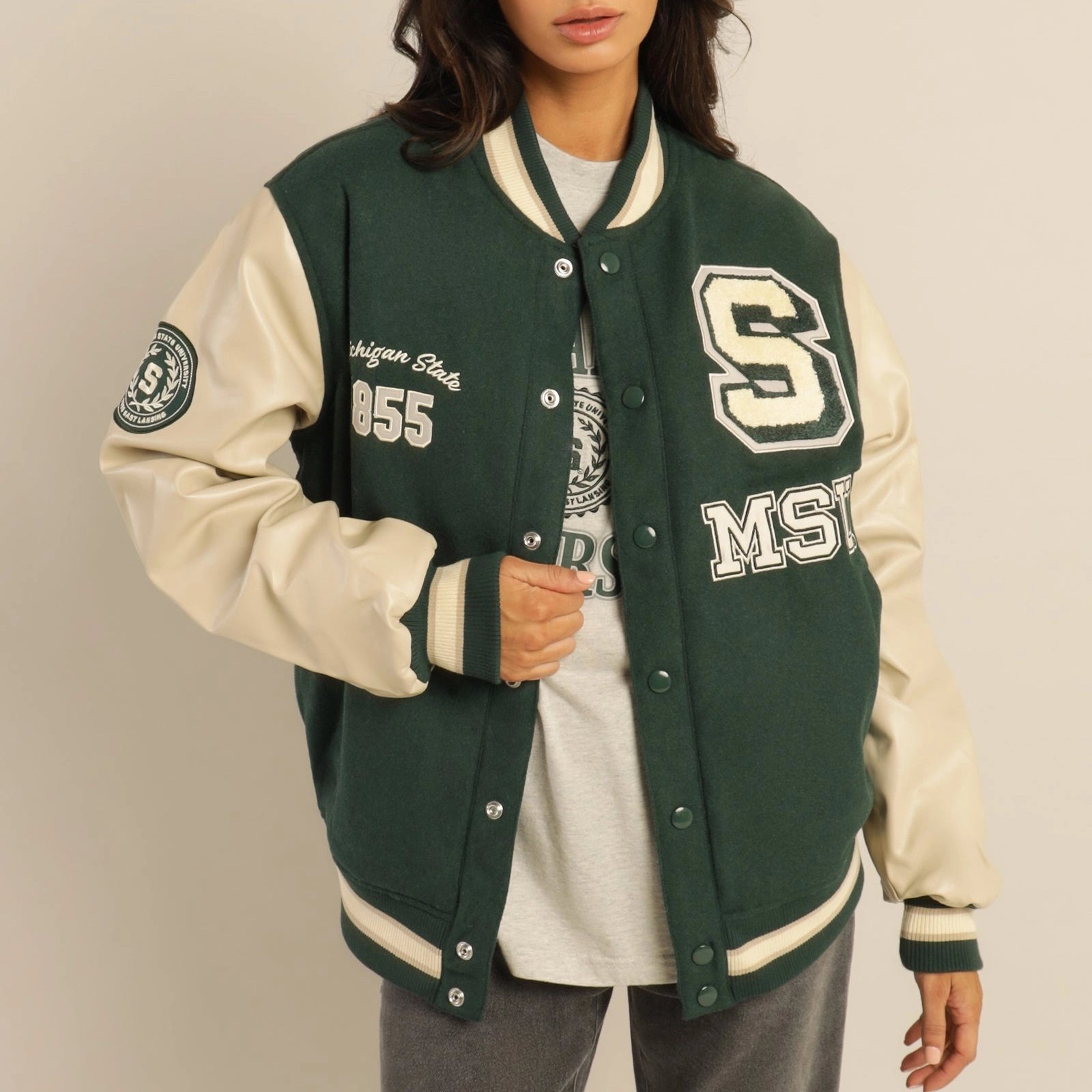 Michigan State Spartans Women's Letterman Wool & Leather Varsity Jacket
