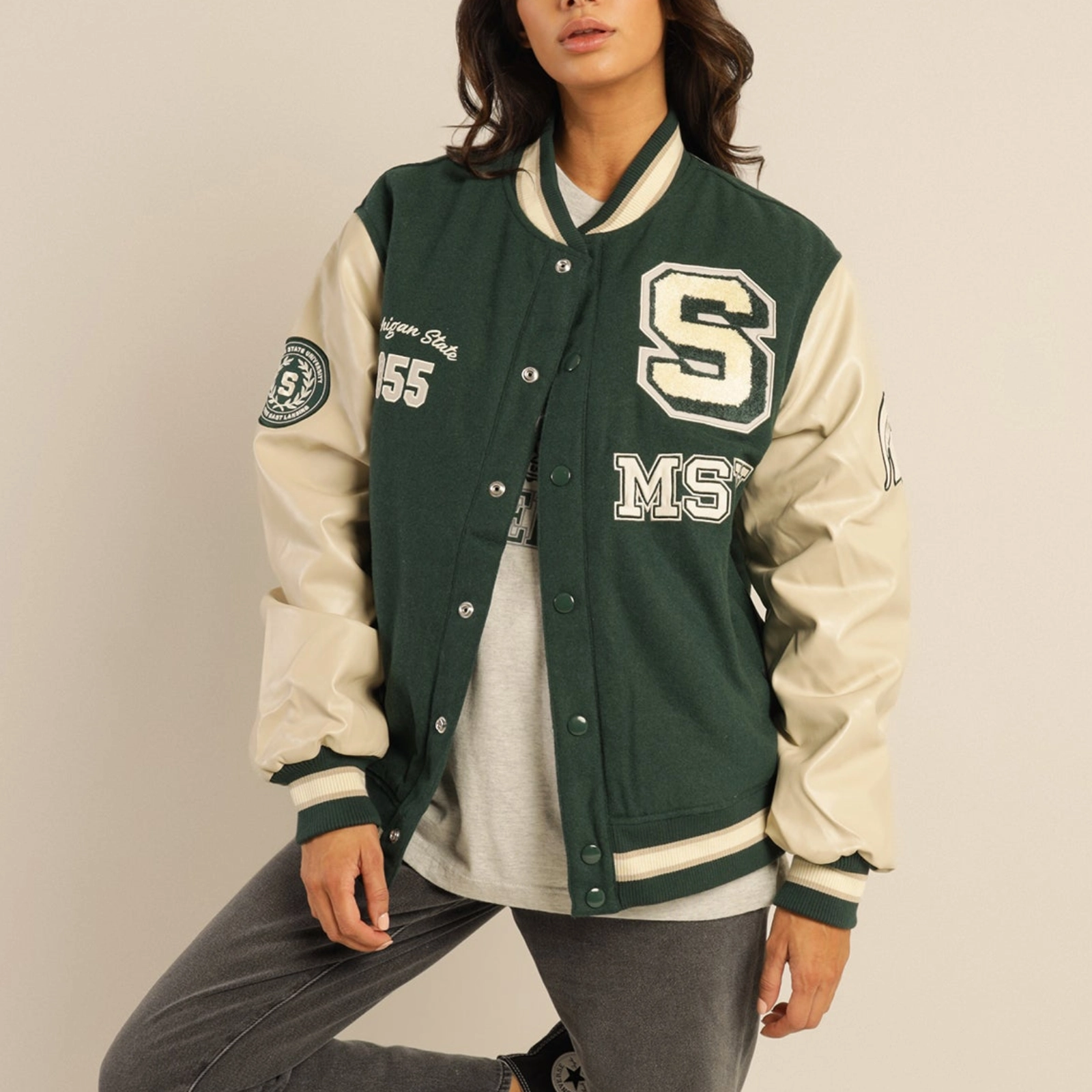 Michigan State Spartans Women's Letterman Wool & Leather Varsity Jacket - Image 4