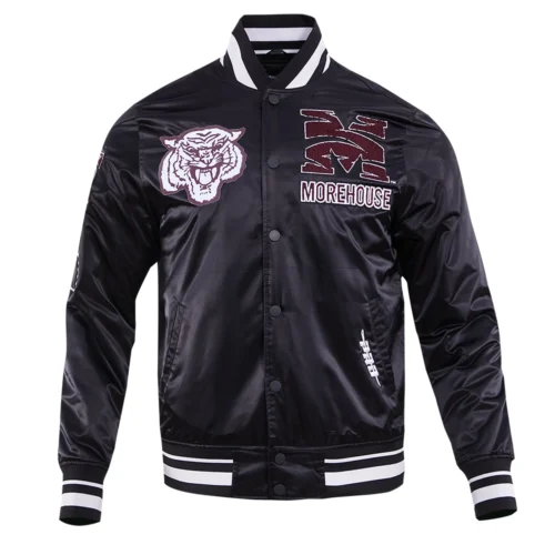 Morehouse Maroon Tigers Classic Rib Knitted Satin Varsity Black Jacket