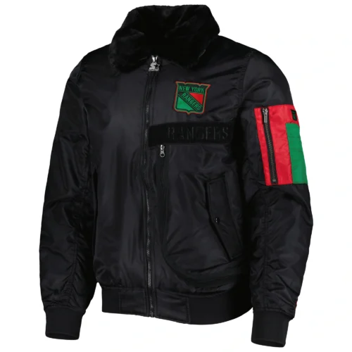 New York Rangers X Ty Mopkins Black Full-Zip Satin Varsity Jacket
