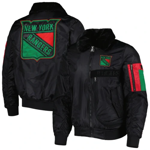 New York Rangers X Ty Mopkins Black Full-Zip Satin Varsity Jacket - Image 4