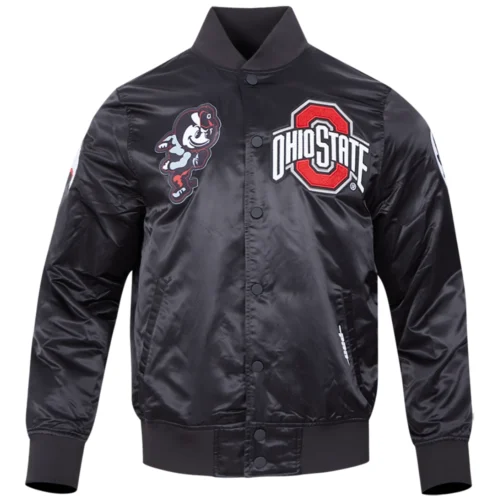 Ohio State Buckeyes Classic Ribbed Knitted Satin Varsity Black Jacket