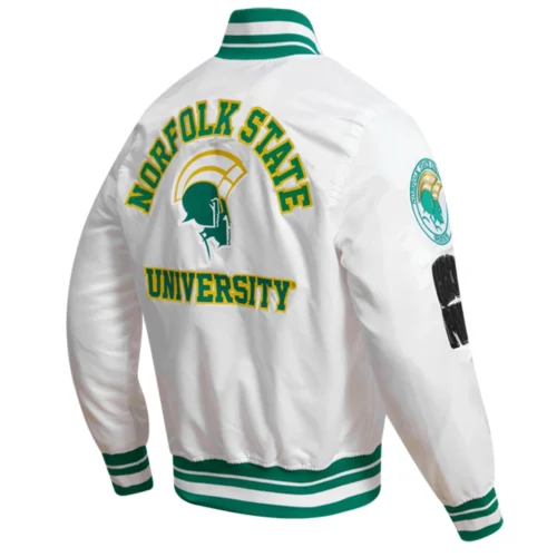 Norfolk State Spartans Classic Satin Varsity White Jacket - Image 4
